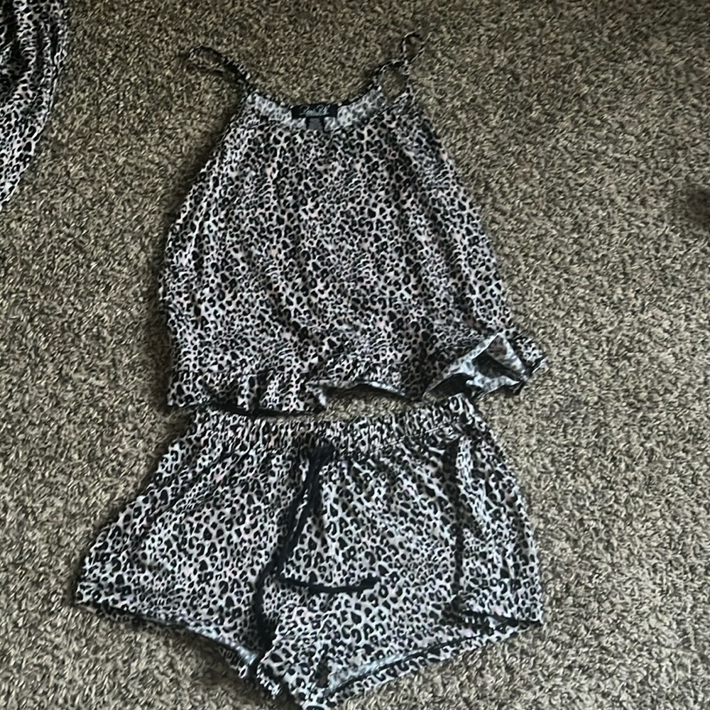pajama tank top, shorts, and matching robe.
